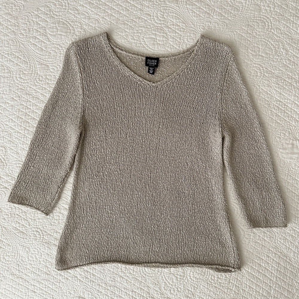 Eileen Fisher Linen Blend Neutral Italian Yarn V Neck Sweater Women’s M Petite